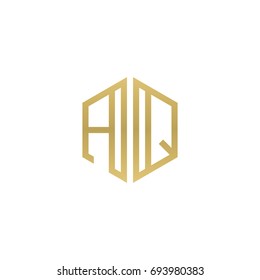 Initial letter AQ, minimalist line art hexagon shape logo, gold color