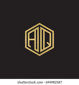 Initial letter AQ, minimalist line art hexagon logo, gold color on black background