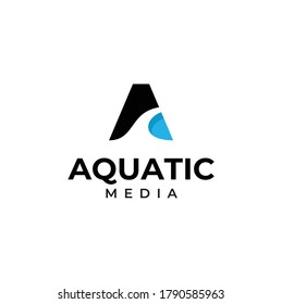 Initial Letter A Aqua with blue fresh water for swimming pool or sea ocean beach logo design