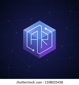 Initial letter AR, block chain, looping mono line circuit letter on hexagon cube logo, blue magenta gradient color on black blue network background