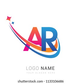 initial letter AR logotype company name colored orange, red and blue swoosh star design. vector logo for business and company identity.