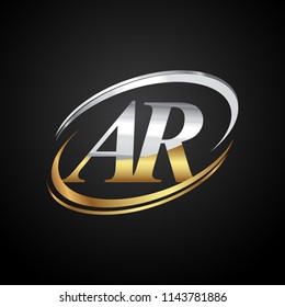 initial letter AR logotype company name colored gold and silver swoosh design. isolated on black background.