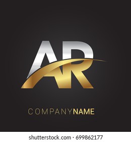 initial letter AR logotype company name colored gold and silver swoosh design. isolated on black background.