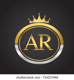 initial letter AR logotype company name with oval shape and crown, gold and silver color. vector logo for business and company identity.