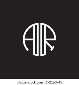 Initial letter AR, minimalist line art monogram circle shape logo, white color on black background