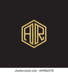 Initial letter AR, minimalist line art hexagon logo, gold color on black background