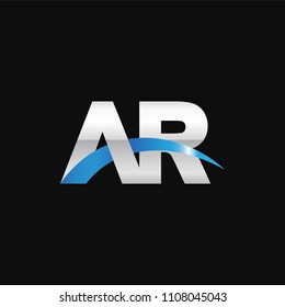 Initial letter AR, overlapping movement swoosh logo, metal silver blue color on black background