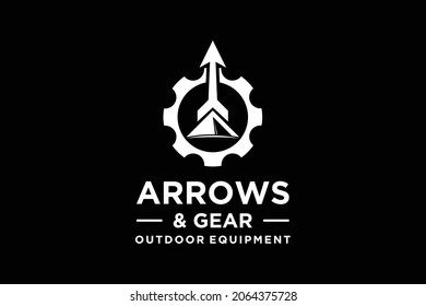 Letra inicial flecha a con icono de carpa de ruedas en el campo exterior para el diseño del logotipo de la cazadora de artes de tiro al aire libre