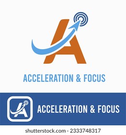 Letra A inicial con flecha hacia arriba y foco para acelerada, aceleración, idea del logotipo de la compañía de tecnología