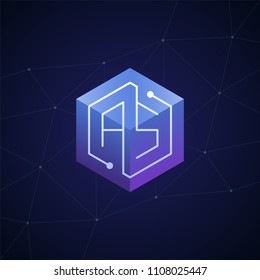 Initial letter AS, block chain, looping mono line circuit letter on hexagon cube logo, blue magenta gradient color on black blue network background