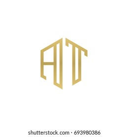 Initial letter AT, minimalist line art hexagon shape logo, gold color