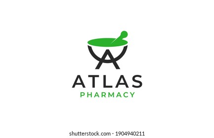 Initial Letter A with Atlas Shape Mortar Bowl Pharmacy Logo Design Inspiration