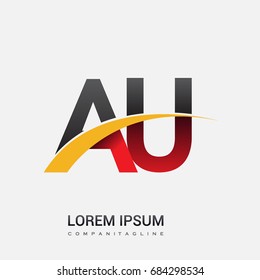 initial letter AU logotype company name colored red, black and yellow swoosh design. isolated on white background.
