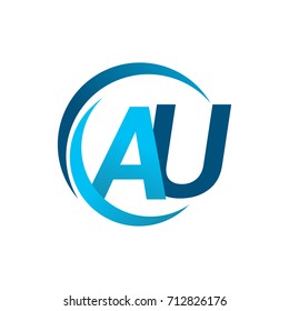 initial letter AU logotype company name blue circle and swoosh design. vector logo for business and company identity.