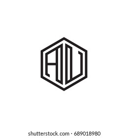 Initial letter AU, minimalist line art monogram hexagon logo, black color