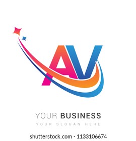 initial letter AV logotype company name colored orange, red and blue swoosh star design. vector logo for business and company identity.