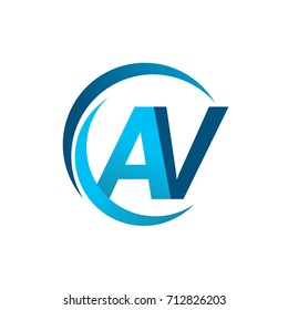 initial letter AV logotype company name blue circle and swoosh design. vector logo for business and company identity.