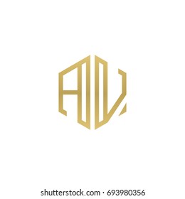 Initial letter AV, minimalist line art hexagon shape logo, gold color