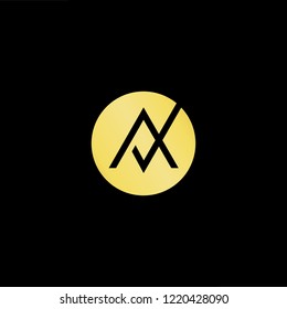 Initial letter AV VA OA AO OV VO minimalist art logo, gold color on black background.