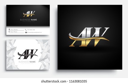 initial letter AW logotype company name colored gold and silver swoosh design. Vector sets for business identity on white background.