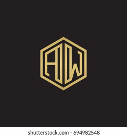 Initial letter AW, minimalist line art hexagon logo, gold color on black background