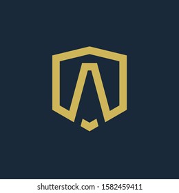 initial Letter A or AW with Shield frame line art element. Shield Line geometry  for Security logo. Logo Icon Template for Web and Business Card, Letter Logo Template on Black Background. - vector
