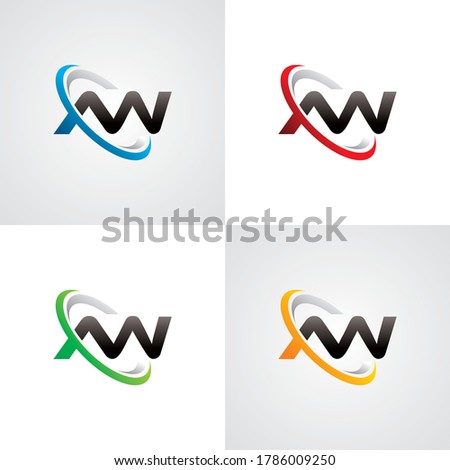 initial letter AW swoosh ring company logo blue red green orange black grey