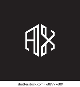 Initial letter AX, minimalist line art monogram hexagon shape logo, white color on black background