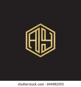 Initial letter AY, minimalist line art hexagon logo, gold color on black background
