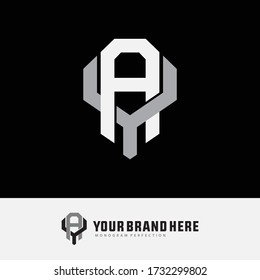 Initial letter AY and YA  overlapping, interlock, monogram logo, white and gray color on black background
