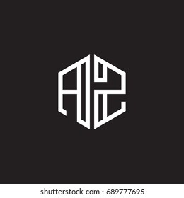 Initial letter AZ, minimalist line art monogram hexagon shape logo, white color on black background