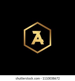 Initial letter AZ ZA minimalist art hexagon shape logo, gold color on black background