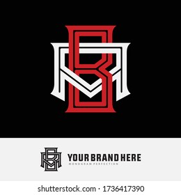 Initial letter B, A, BA, or AB overlapping, interlock, monogram logo, red and white color on black background