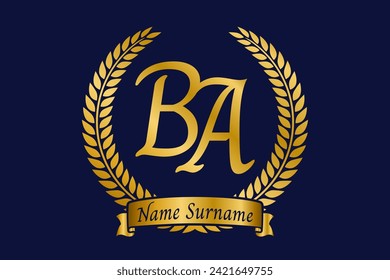 Initial letter B and A, BA monogram logo design with laurel wreath. Luxury golden emblem with calligraphy font.