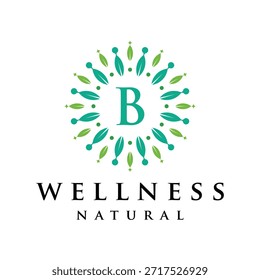 Letra inicial B alfabeto bem-estar, verde, folhas, natural, saúde, orgânico, design de logotipo, círculo folha natureza gráfico ícone vetor modelo