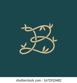 Initial letter B with bamboo leaf, simple logo with luxury line art shape