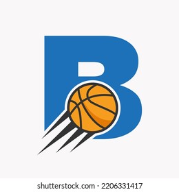 Initial Letter B Basketball Logo Concept With Moving Basketball Icon. Basket Ball Logotype Symbol Vector Template