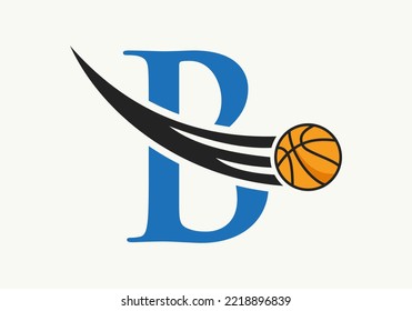Initial Letter B Basketball Logo Concept With Moving Basketball Icon. Basket Ball Logotype Symbol Vector Template
