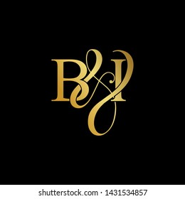Initial letter B & I BI luxury art vector mark logo, gold color on black background.