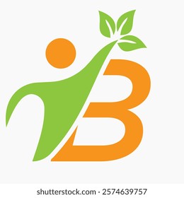 Initial Letter B Bio or Healthcare Logo Design Concept With Human And Green Leaf Symbol