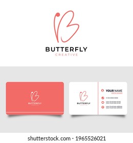Initial letter B with butterfly symbol. minimalist line art logo design and business card.