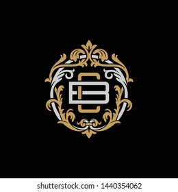Initial letter B and C, BC, CB, decorative ornament emblem badge, overlapping monogram logo, elegant luxury silver gold color on black background