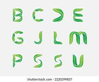 initial Letter B, C, D, E, G, J, L, M, P, S and u with Leaf Logo Bundle Set Concept symbol icon sign Element Design. Natural, Ecology, Health Care, Spa Logotype. Vector illustration template