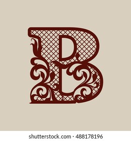 Initial letter B. Carved openwork pattern. Template can be used for interior design, greeting and wedding cards, invitations, etc. Picture suitable for laser or plotter cutting stencils or printing