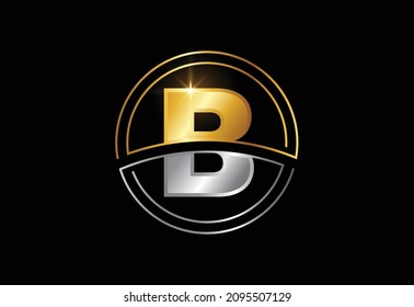 Initial letter B with circle frame. Golden and silver color alphabet symbol for corporate business identity