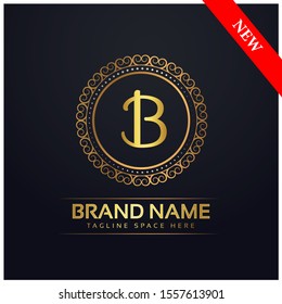 Initial letter B, decorative ornament emblem badge, elegant luxury silver gold color on black background