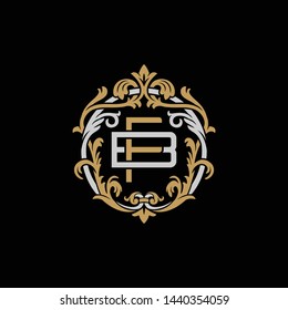 Initial letter B and F, BF, FB, decorative ornament emblem badge, overlapping monogram logo, elegant luxury silver gold color on black background