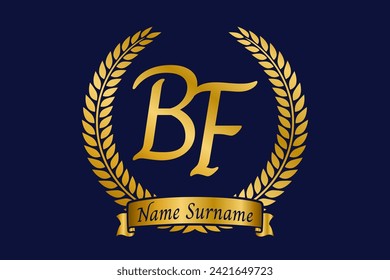 Letra inicial B y F, diseño del logotipo del monograma BF con correa laurel. emblema dorado de lujo con fuente caligráfica.