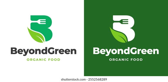 Initial Letter B with Fork and Leaf Icon Logo Inspiration. Leaf Fork icon with Letter B Logo for Restaurant, Vegan, Cafe, and Food Service Branding. Alphabet Restaurant Vector Logo Illustration.
