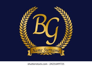 Initial letter B and G, BG monogram logo design with laurel wreath. Luxury golden emblem with calligraphy font.